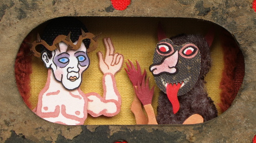 Christ and the Devil as puppets - Still from the animation Let the Wrong Rise with You (Luca Dipierro, 2014)